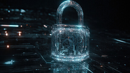glowing holographic padlock with intricate circuitry pattern inside floating over dark digital grid futuristic security representation illustration concept scene visual for commercial design use high 