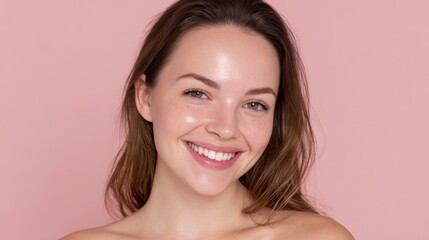 Naklejka premium Sharedrop features a photo of a smiling woman, characterized as a young adult with brown hair, wearing casual clothes and the color pink