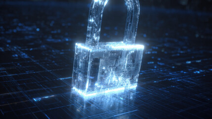 glowing holographic padlock with intricate circuitry pattern inside floating over dark digital grid futuristic security representation illustration concept scene visual for commercial design use high 