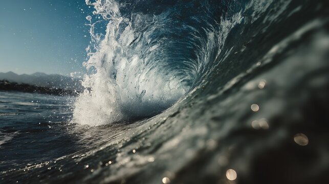 powerful ocean wave breaking barrel curl seascape underwater perspective blue water splash sunlight