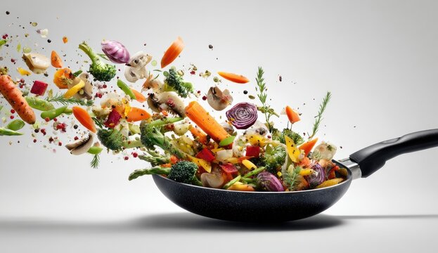 Colorful vegetables being tossed in a wok - Powered by Adobe