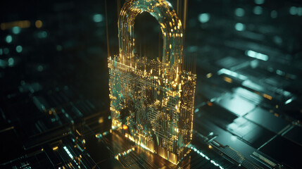 glowing holographic padlock with intricate circuitry pattern inside floating over dark digital grid futuristic security representation illustration concept scene visual for commercial design use high 