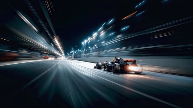 High-Speed Formula 1 Race Car Blazing Through a Night Circuit
