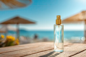 Clear spray bottle on beach table, sunlight, ocean, blurry background