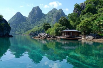 Naklejka premium Serene Riverside Scene with Mountainous Landscape and Wooden House in Tropical Setting