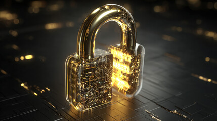 glowing holographic padlock with intricate circuitry pattern inside floating over dark digital grid futuristic security representation illustration concept scene visual for commercial design use high 