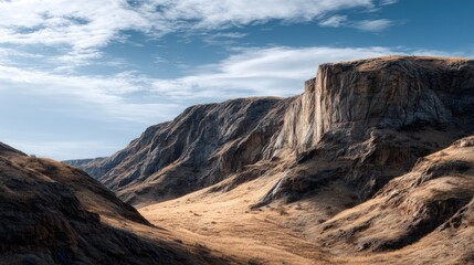 Obraz premium A vast, rugged mountain landscape unfolds, showcasing dramatic rock formations under a brilliant sky.