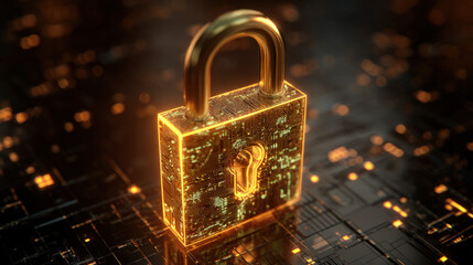 glowing holographic padlock with intricate circuitry pattern inside floating over dark digital grid futuristic security representation illustration concept scene visual for commercial design use high 