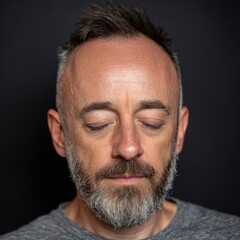Fototapeta premium The bearded man's eyes are closed as he takes deep breaths, lost in quiet contemplation with a serene and peaceful demeanor, his face a picture of tranquility and introspection