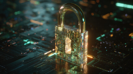 glowing holographic padlock with intricate circuitry pattern inside floating over dark digital grid futuristic security representation illustration concept scene visual for commercial design use high 