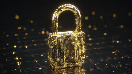 glowing holographic padlock with intricate circuitry pattern inside floating over dark digital grid futuristic security representation illustration concept scene visual for commercial design use high 
