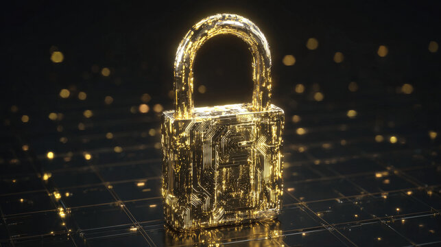 glowing holographic padlock with intricate circuitry pattern inside floating over dark digital grid futuristic security representation illustration concept scene visual for commercial design use high 