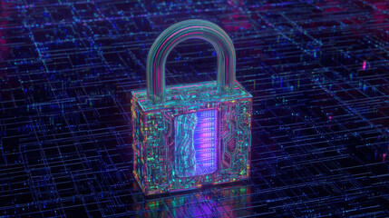 glowing holographic padlock with intricate circuitry pattern inside floating over dark digital grid futuristic security representation illustration concept scene visual for commercial design use high 