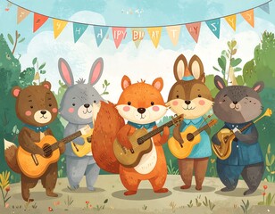 Cute animals playing music at a birthday party
