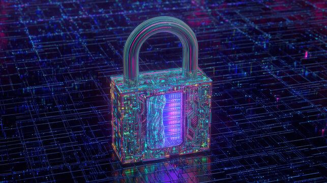 glowing holographic padlock with intricate circuitry pattern inside floating over dark digital grid futuristic security representation illustration concept scene visual for commercial design use high