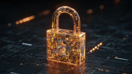 glowing holographic padlock with intricate circuitry pattern inside floating over dark digital grid futuristic security representation illustration concept scene visual for commercial design use high 
