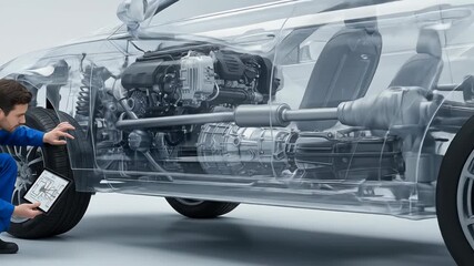 Transparent Car Engineering: Mechanic Inspecting Chassis with Tablet - Powered by Adobe