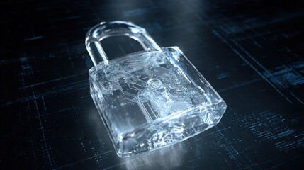 glowing holographic padlock with intricate circuitry pattern inside floating over dark digital grid futuristic security representation illustration concept scene visual for commercial design use high 