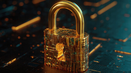glowing holographic padlock with intricate circuitry pattern inside floating over dark digital grid futuristic security representation illustration concept scene visual for commercial design use high 