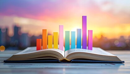 Book with Colorful Bar Graphs Against a Beautiful Sunset Background