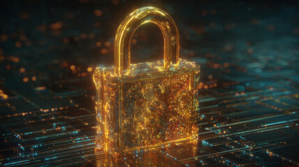 glowing holographic padlock with intricate circuitry pattern inside floating over dark digital grid futuristic security representation illustration concept scene visual for commercial design use high 
