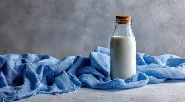 A glass milk bottle rests on a blue cloth