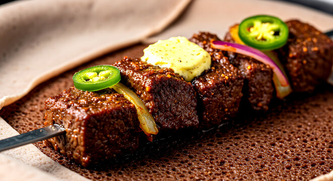 Ethiopia &ndash; Tibs (Saut&eacute;ed Meat on a Skewer). cubed beef or lamb saut&eacute;ed with berbere spice and niter kibbeh butter