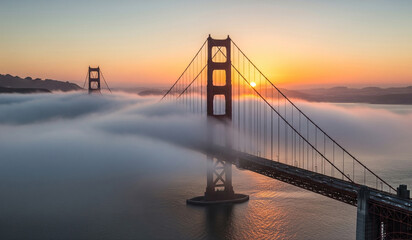 Fototapeta premium Golden Gate Bridge at sunrise covered in fog over San Francisco Bay, iconic landmark and breathtaking travel destination with scenic views