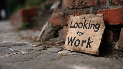 Cardboard sign with text Looking for Work on street
