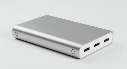 A modern, minimalist silver battery pack with multiple ports for versatile device charging.