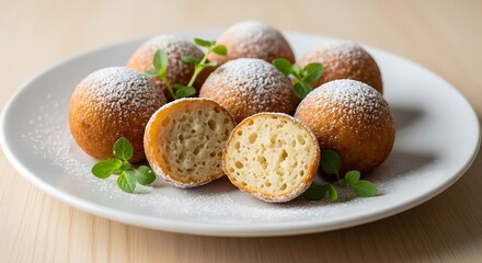 Round pastries dusted with powdered sugar.