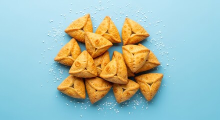 Golden Triangle Pastries on Blue Background.