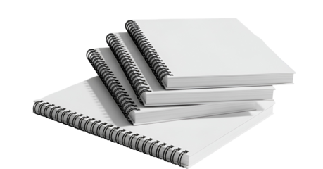 Stack of blank white spiral notebooks for notes or sketches on transparent background