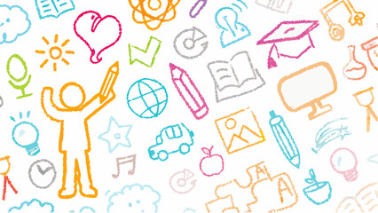 Illustration featuring a person holding a pencil with various educational and creative symbols scattered around