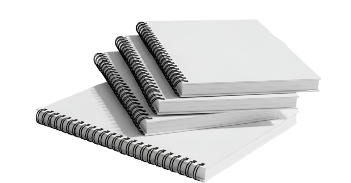 Stack of blank white spiral notebooks for notes or sketches on transparent background