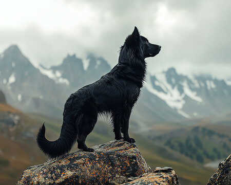 A majestic black dog stands confidently on a rock, overlooking a breathtaking mountainous landscape.