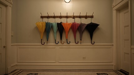 Colorful umbrellas hanging on a wall in a well-lit hallway, adding a cheerful tone to the minimalist decor.