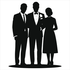 Wedding family portrait silhouette vector, groom in tuxedo with boutonniere standing with family, formal trio group, black and white elegant illustration for invitations, posters, branding and web use