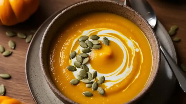 Creamy pumpkin soup garnished with seeds and swirl