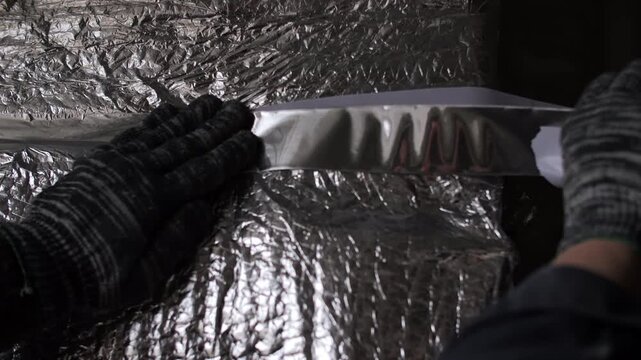 Worker applying foil tape on insulation material seam