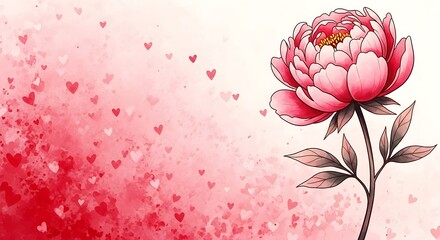 Pink Peony Flower Illustration with Hearts.