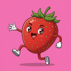Generative AI Happy Strawberry Cartoon Character Running Fruit Food Pink Illustration Mascot Cute Sweet Vector Joy Happiness Playful Healthy eating Freshness Childhood Fun