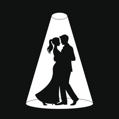 Romantic Silhouette of Couple Slow Dancing in Spotlight, Elegant Black and White Illustration for Valentine’s Day, Wedding, Anniversary Cards, Posters, and Decorative Art. © Tanver