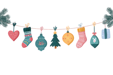 Christmas Decorations Hanging on String on Transparent Background