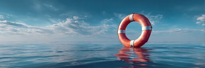 A lone life preserver floats on calm water under a partly cloudy sky