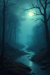 Generative AI Moonlit Stream Through Misty Forest Moon Night Mist Trees Water Landscape Moonlight Dark River Rocks Moss Bare trees Fog Path Woods Mystery Tranquility Peace - Modern Look