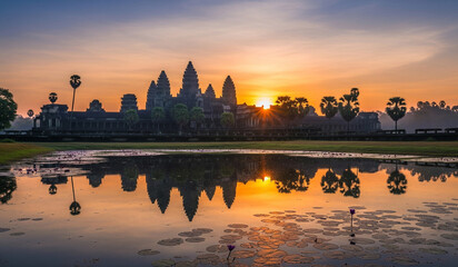 Magnificent Sunrise Over Ancient Temple Reflected in Sacred Pond with Stunning Silhouettes, Spiritual Serenity, and Timeless Heritage
