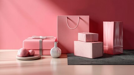 Gift boxes pink lifestyle product photography celebratory festive modern commercial branding concept stylish composition