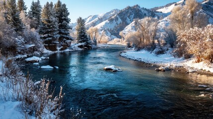 Winter Landscape with a Snow-covered River and Icy Mountains at Sunset