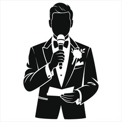 Elegant Groom in Tuxedo Giving Wedding Speech with Microphone, Holding Paper, Minimalist Black and White Illustration, Perfect for Formal Events, Celebrations, and Wedding Invitations, High-Quality 